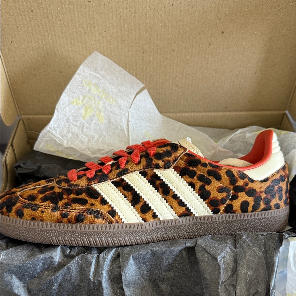 Adidas Leopard Print Sneakers with Cream Stripes